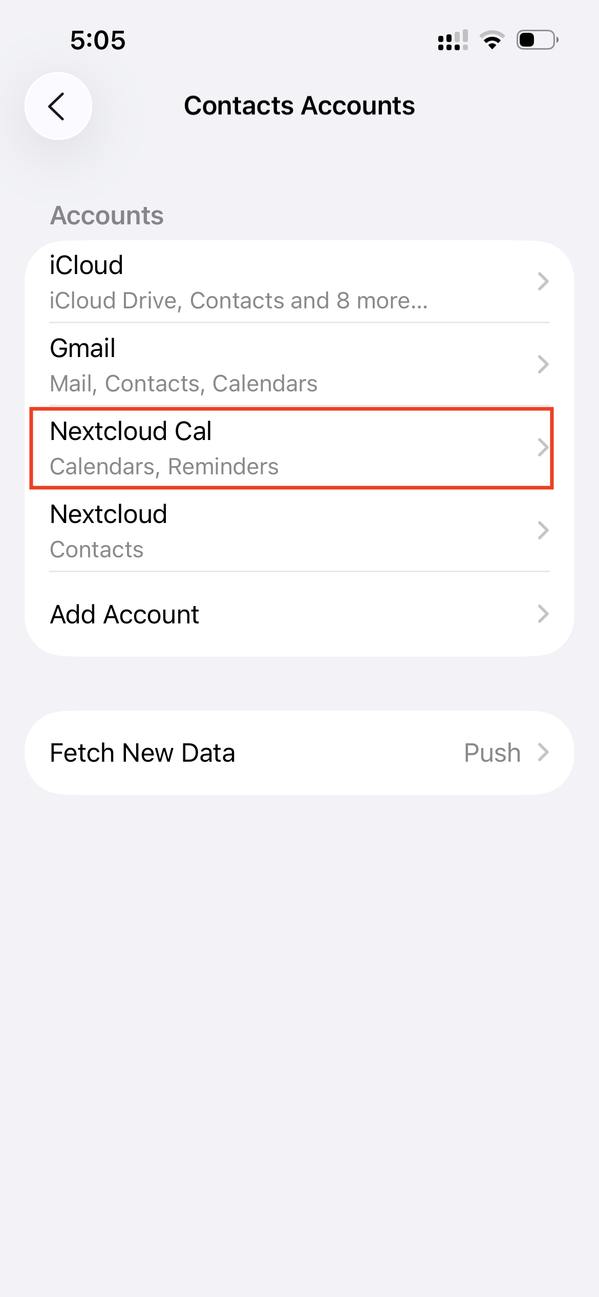 Nextcloud calendar account added in iPhone Contacts Accounts settings