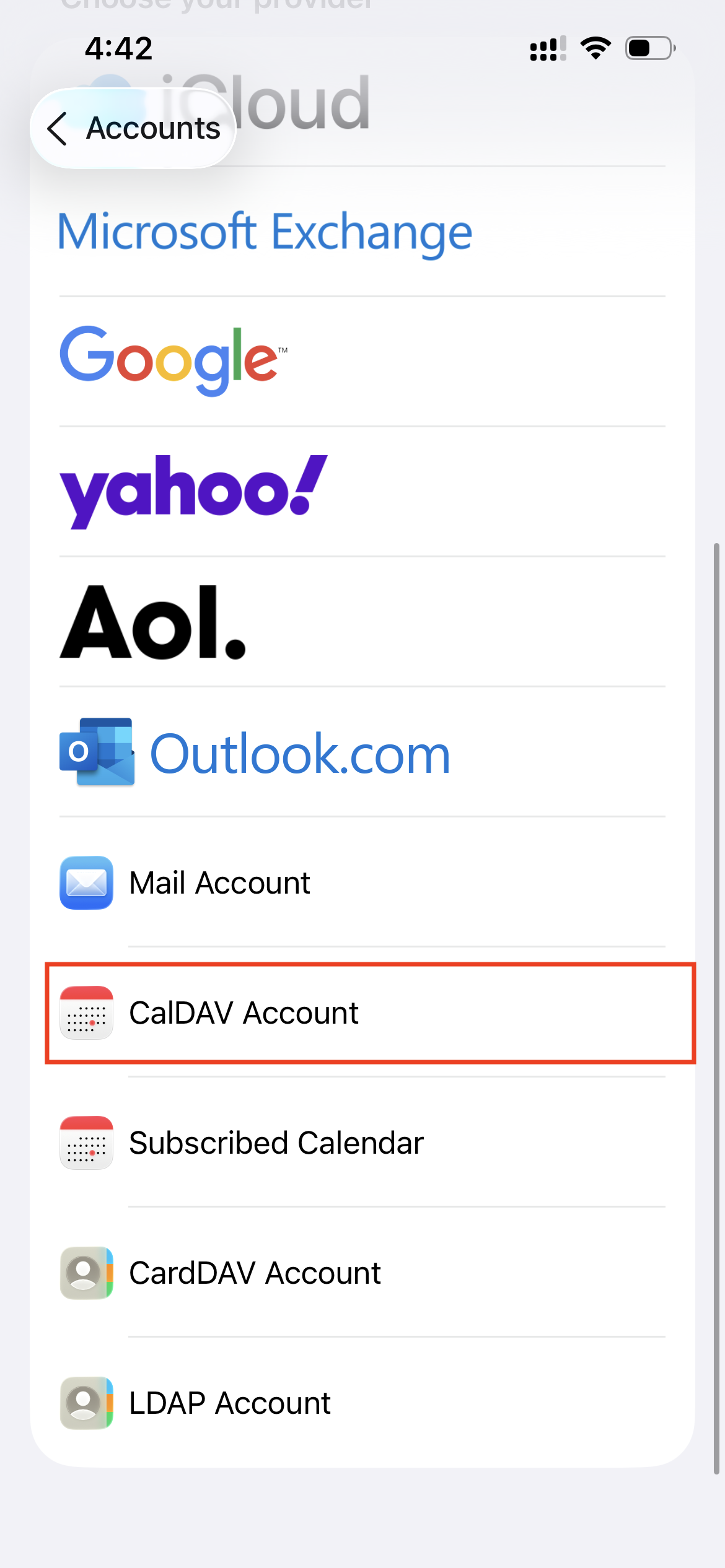 CalDAV account option selected on iPhone
