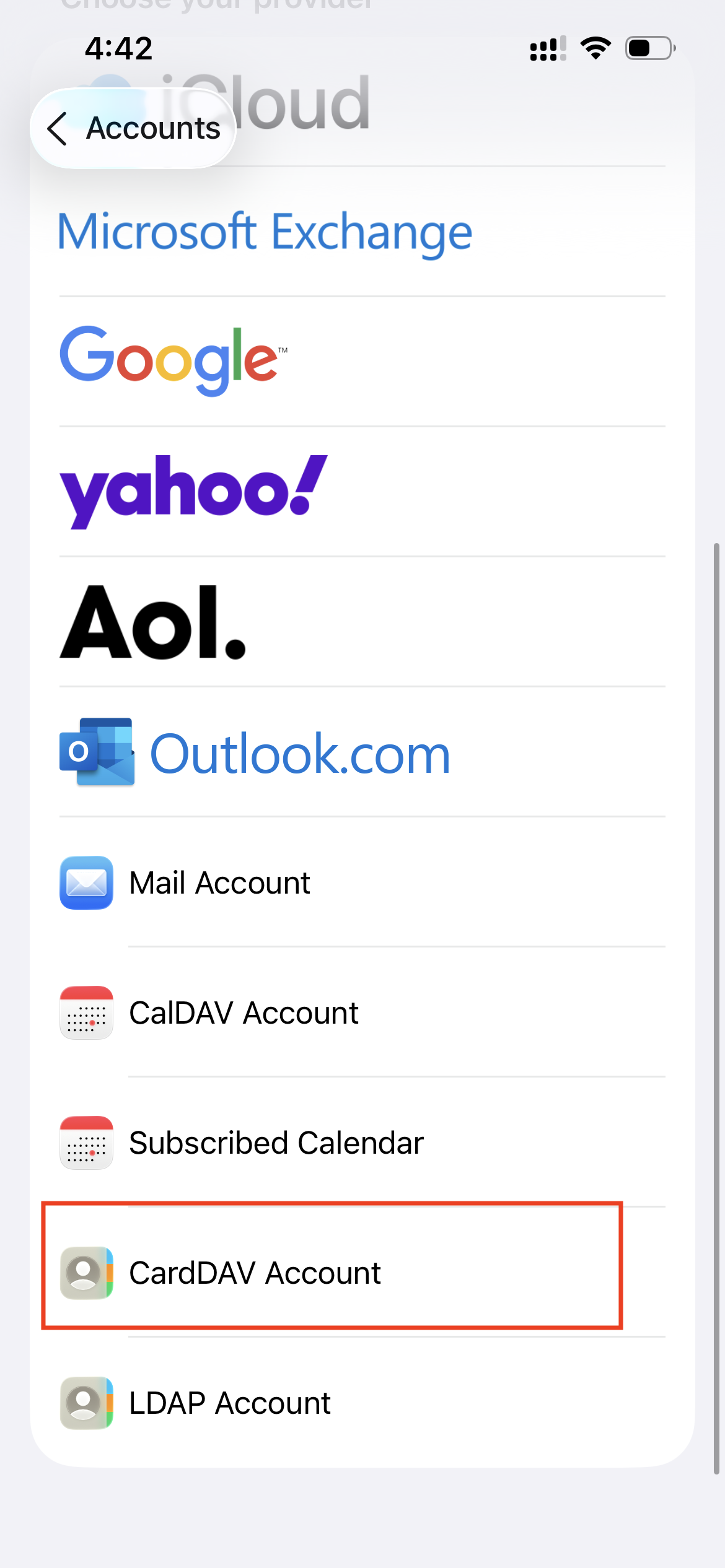 CardDAV account option in iPhone settings