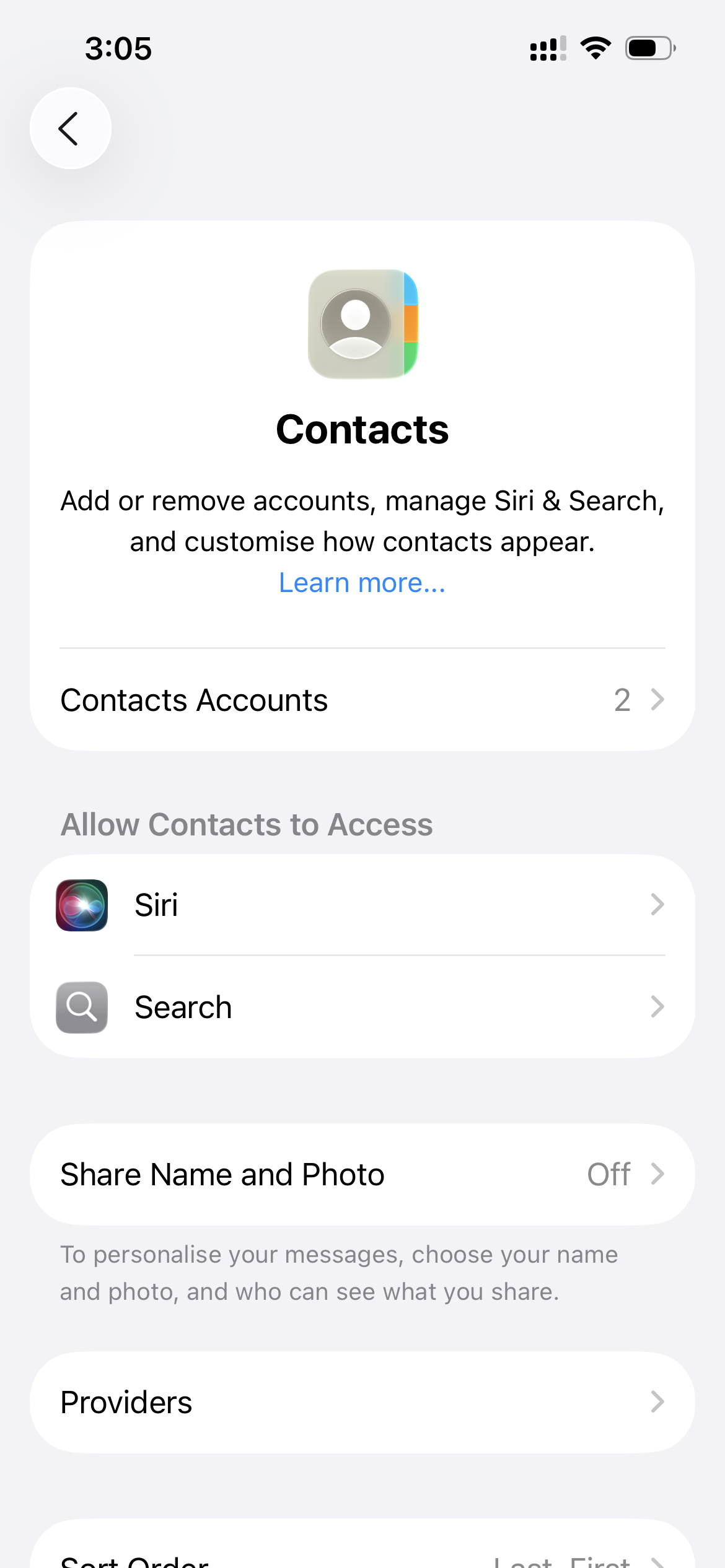 iPhone Contacts settings screen