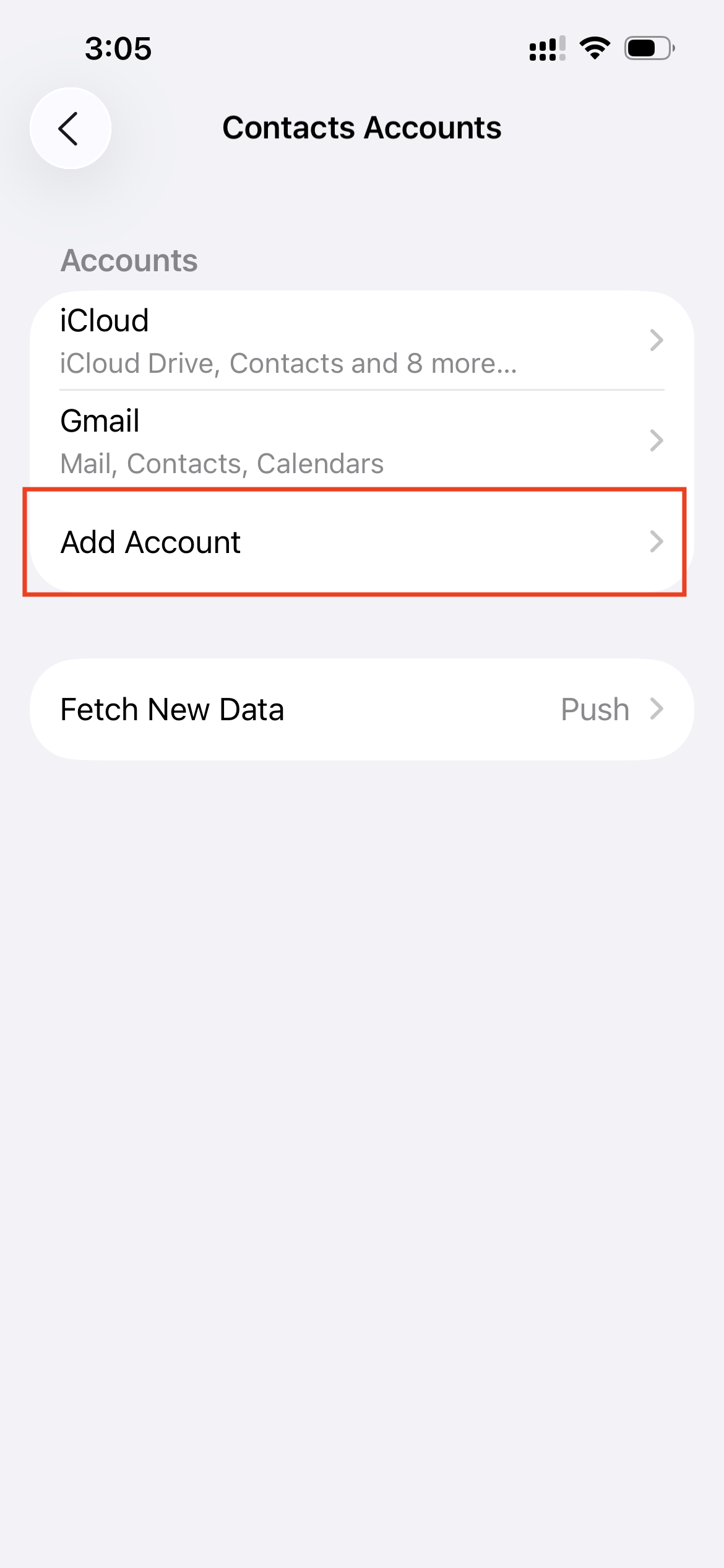 Adding a new contacts account on iPhone