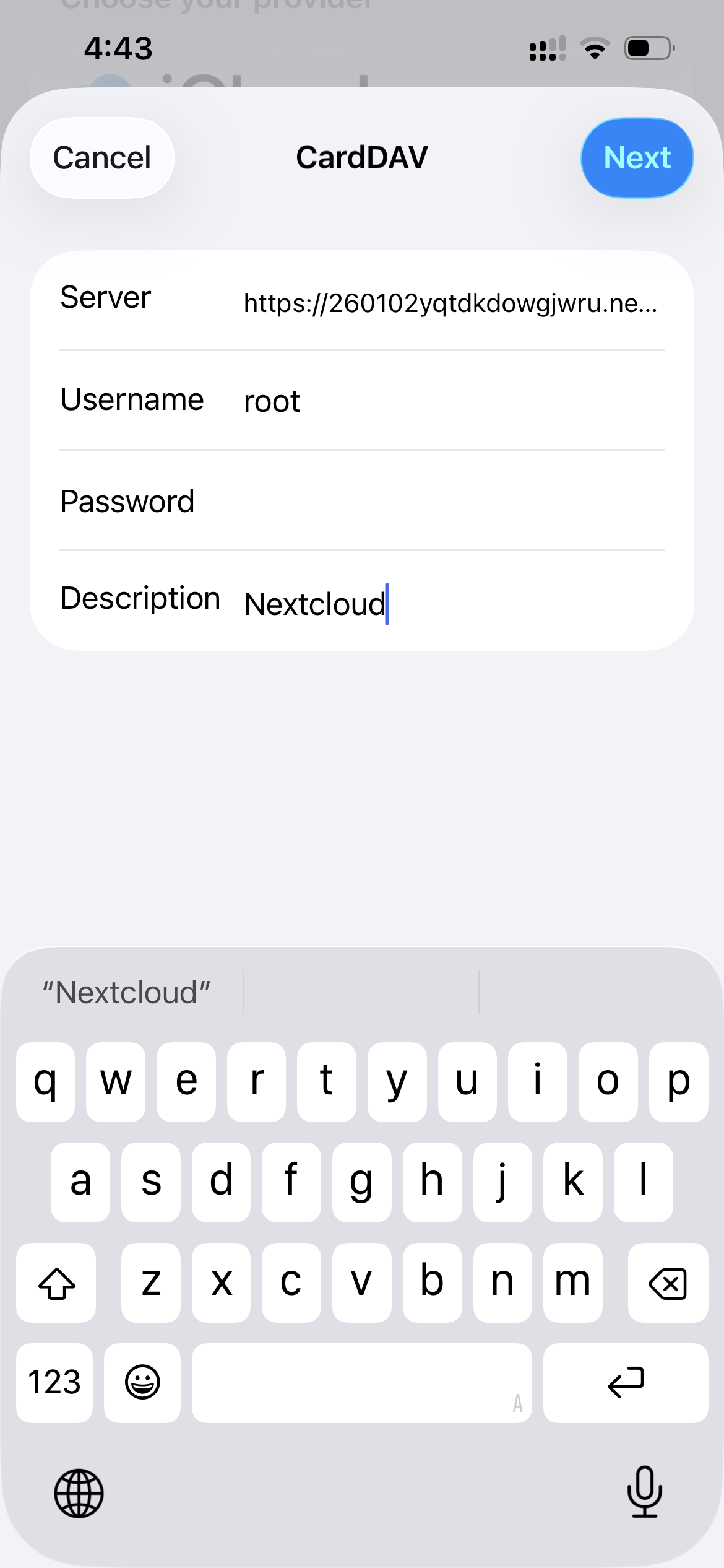 Entering Nextcloud CardDAV account details on iPhone