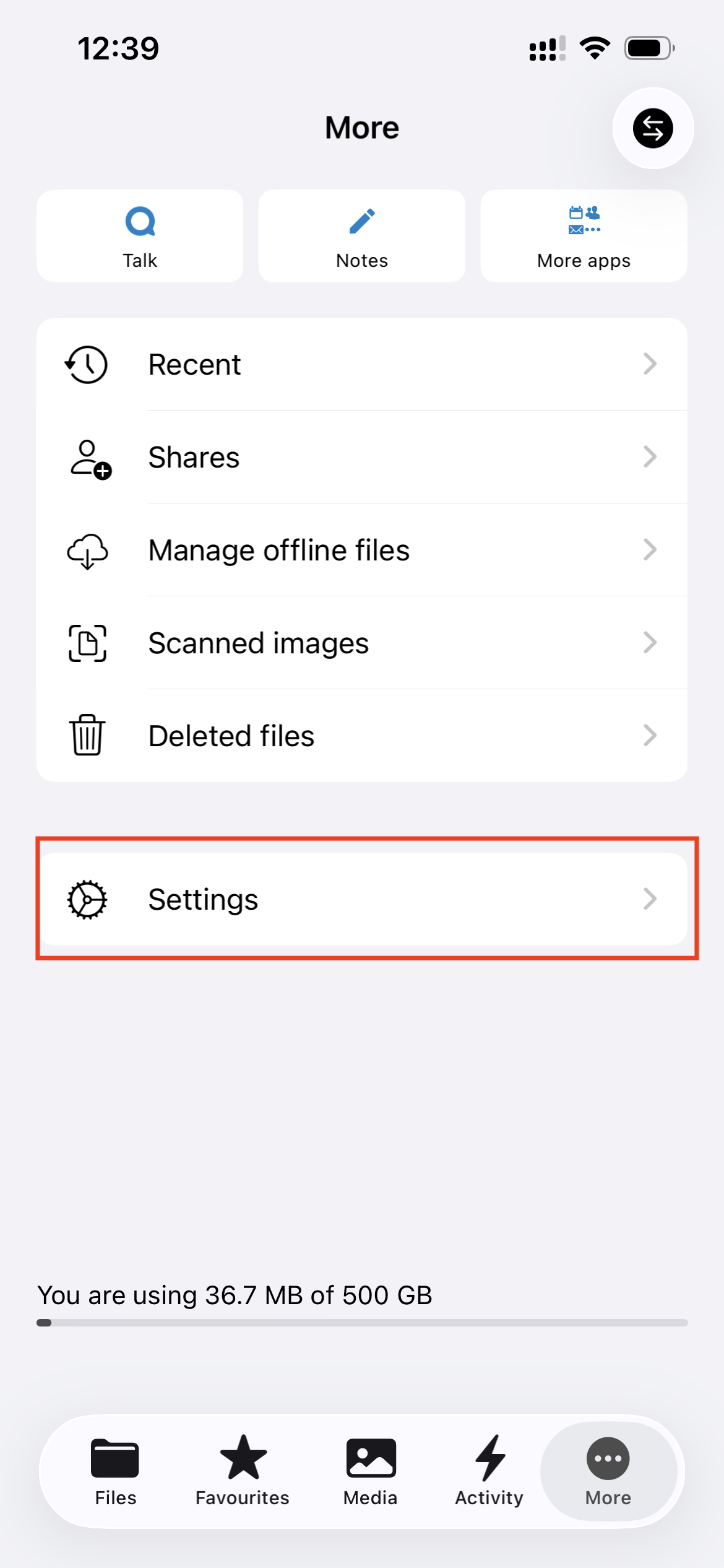 Nextcloud app settings screen on iPhone