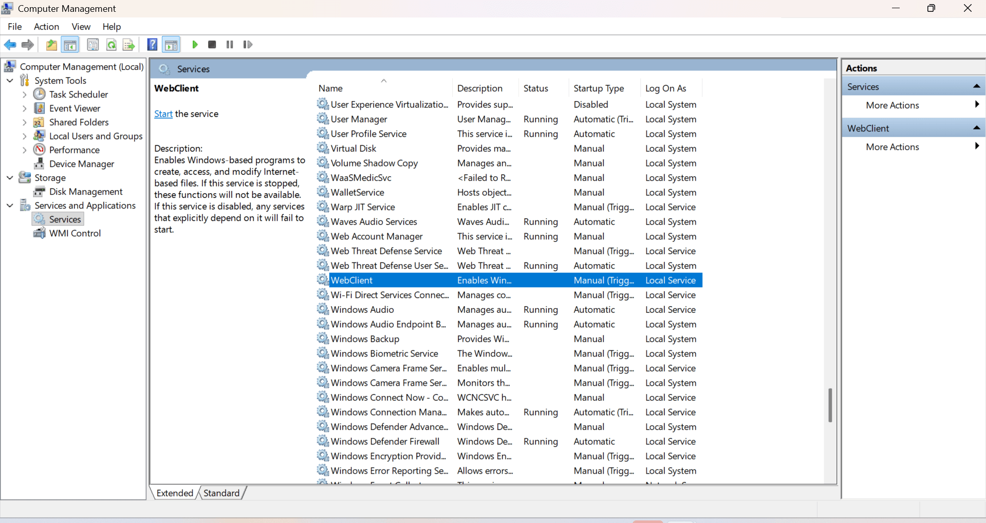 Locating WebClient under Services in Windows