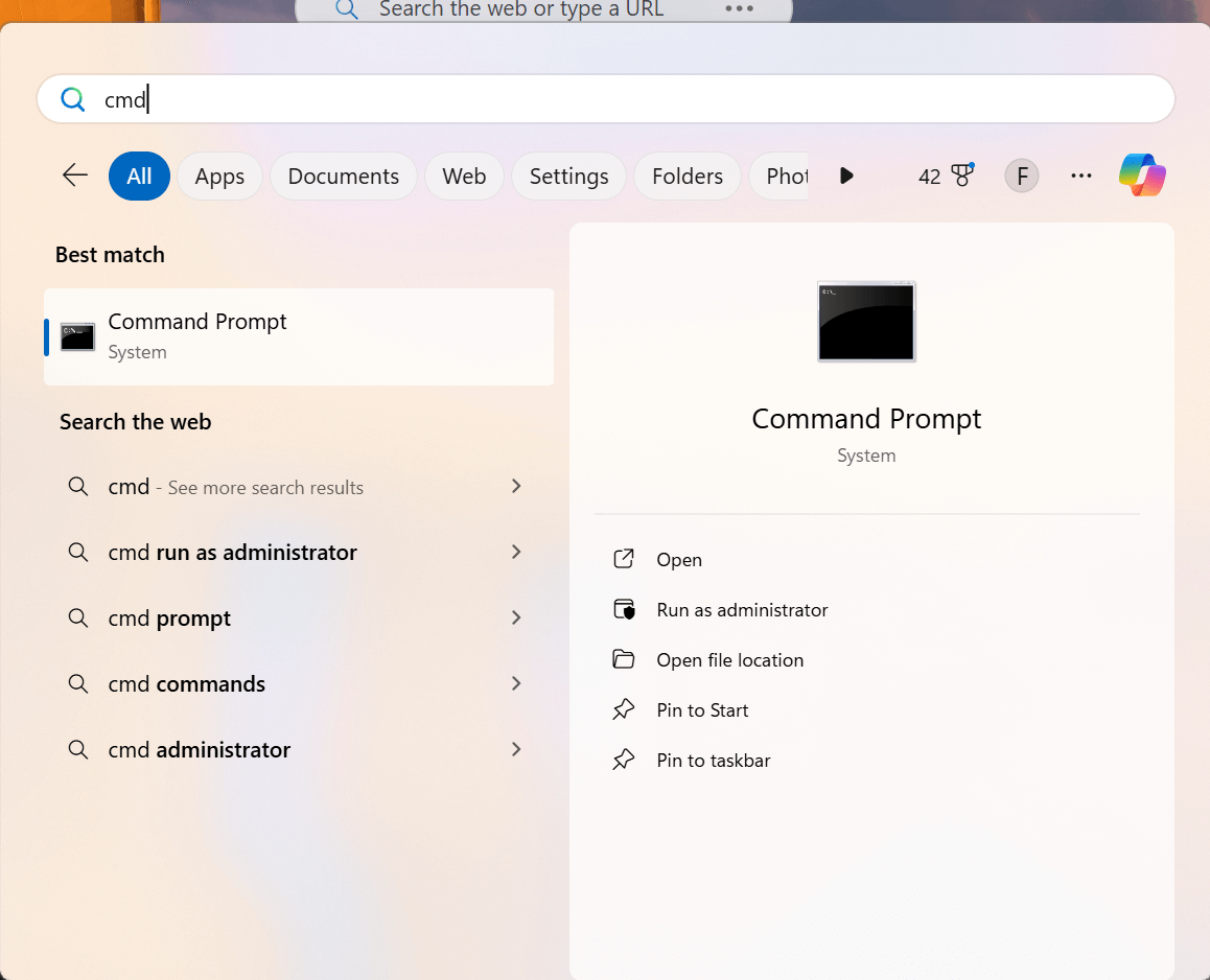 Opening Command Prompt from the Windows Start menu