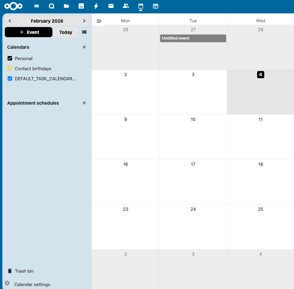 Nextcloud Calendar app showing calendars listed in the left sidebar