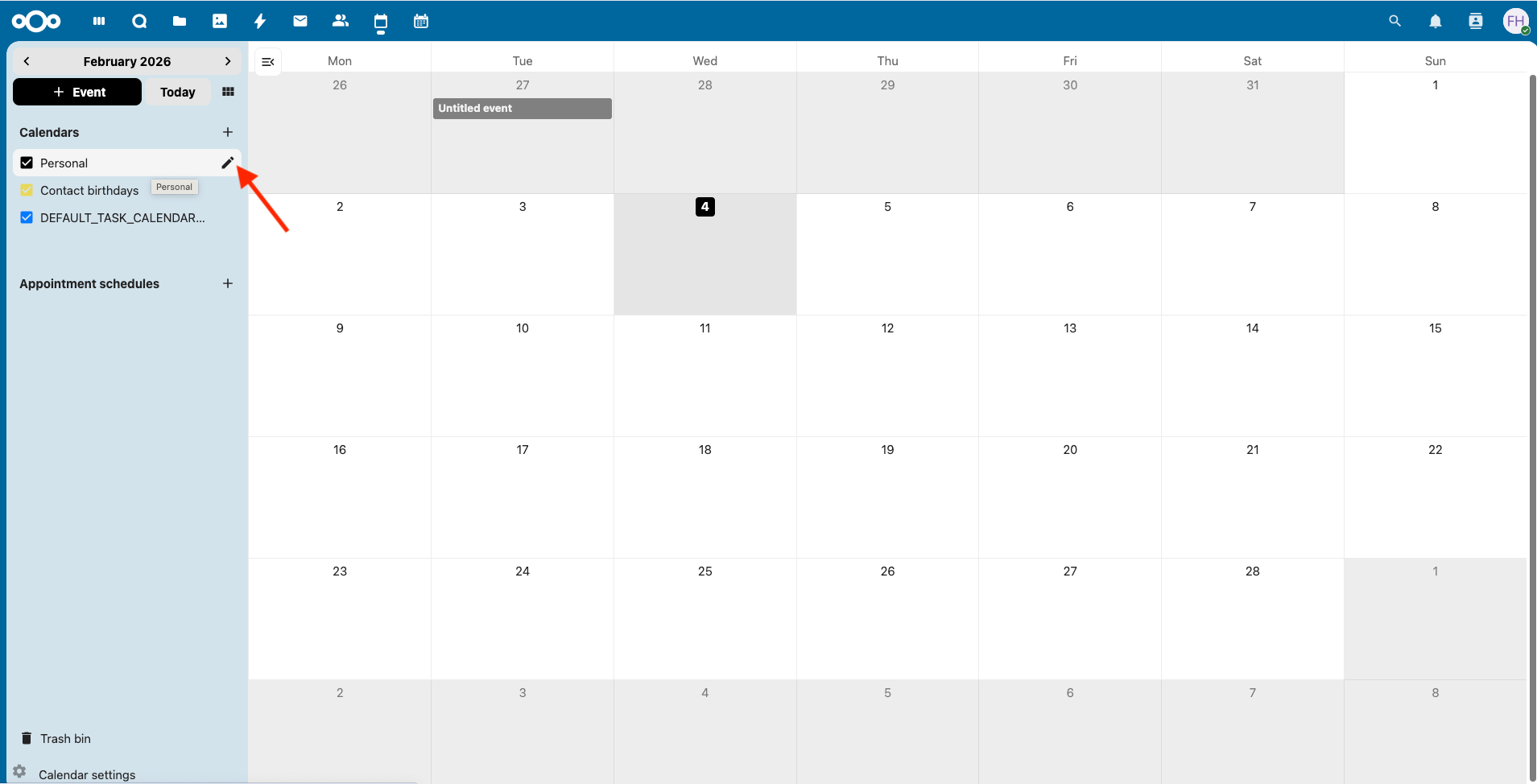 Hovering over the Personal calendar in Nextcloud showing the edit icon