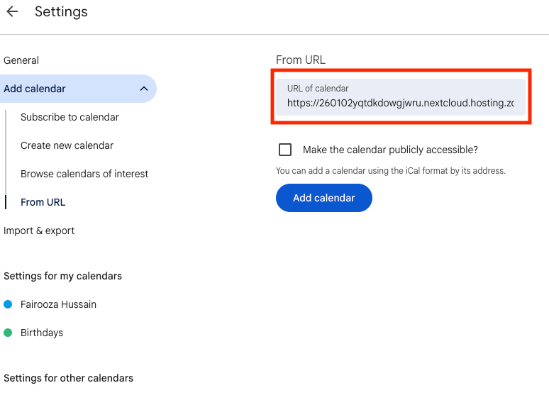 Google Calendar page for adding a calendar using a URL
