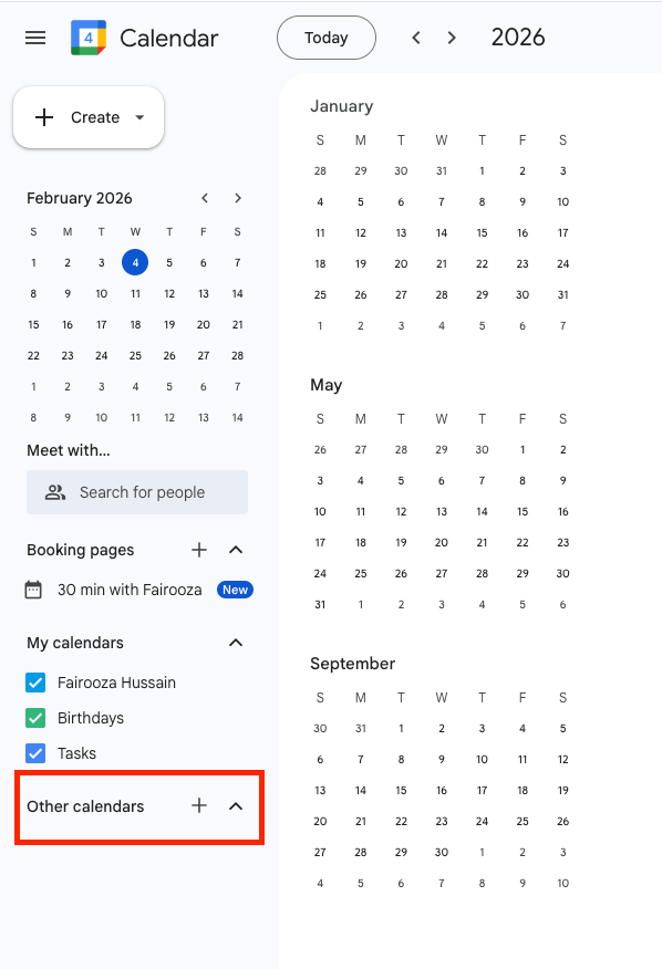 Google Calendar sidebar with the Other calendars section visible