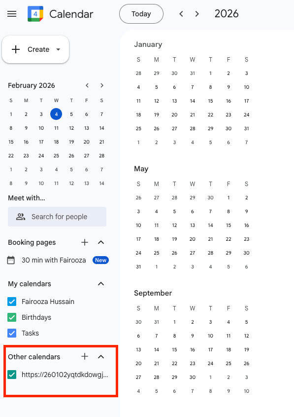 Nextcloud calendar listed under Other calendars in Google Calendar