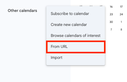 Google Calendar add calendar menu with the From URL option