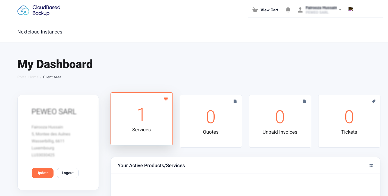CloudBased Backup dashboard showing active services for a Nextcloud instance