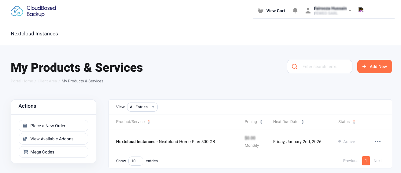 CloudBased Backup products and services page listing an active Nextcloud instance