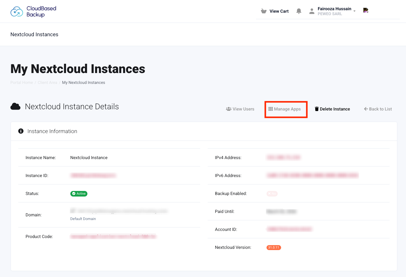 Nextcloud instance details page with the Manage Apps option highlighted
