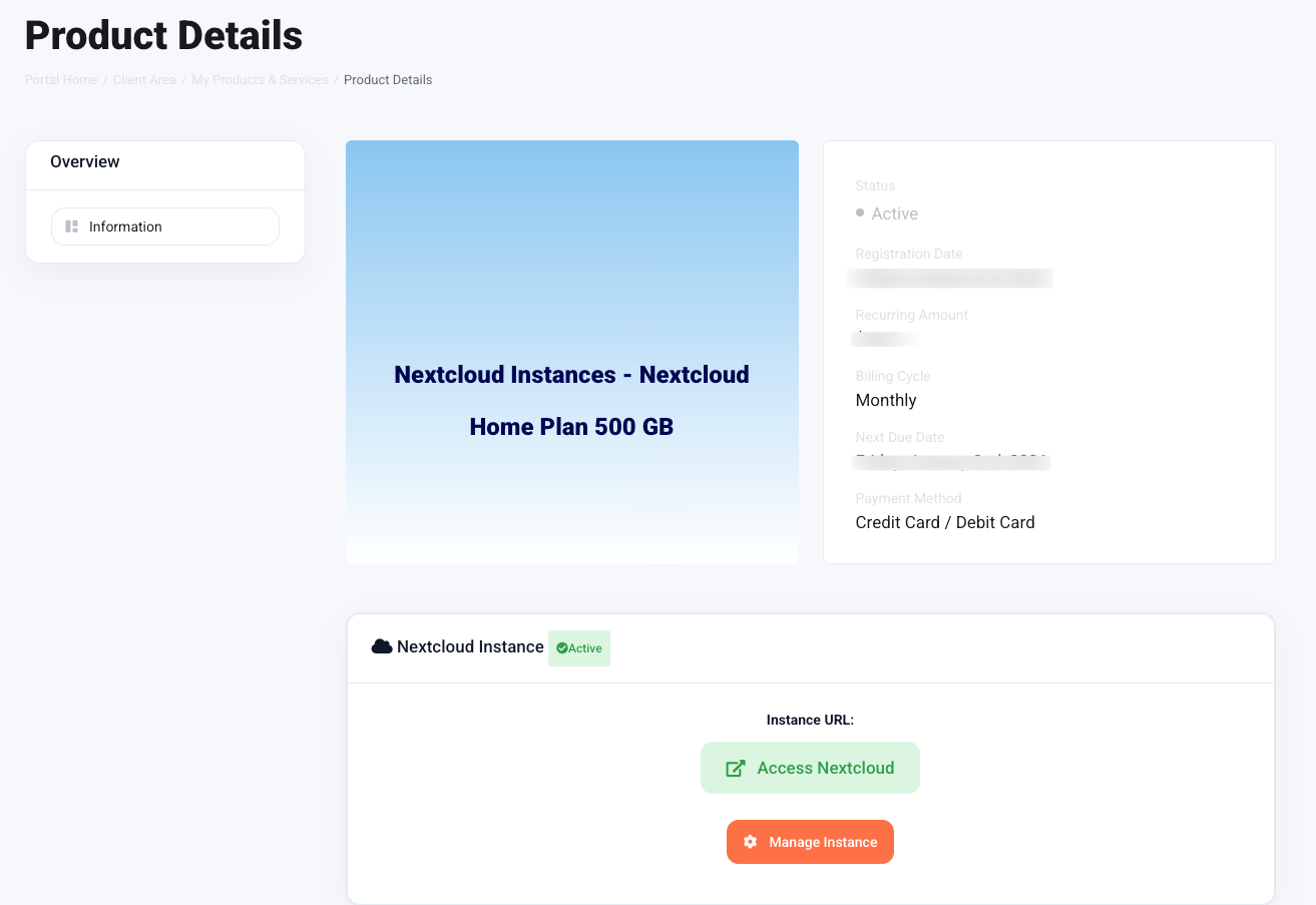 Product details page for a Nextcloud instance in CloudBased Backup