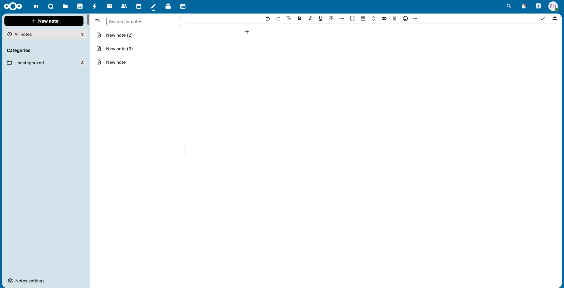 Nextcloud Notes app interface showing the note editor and category sidebar