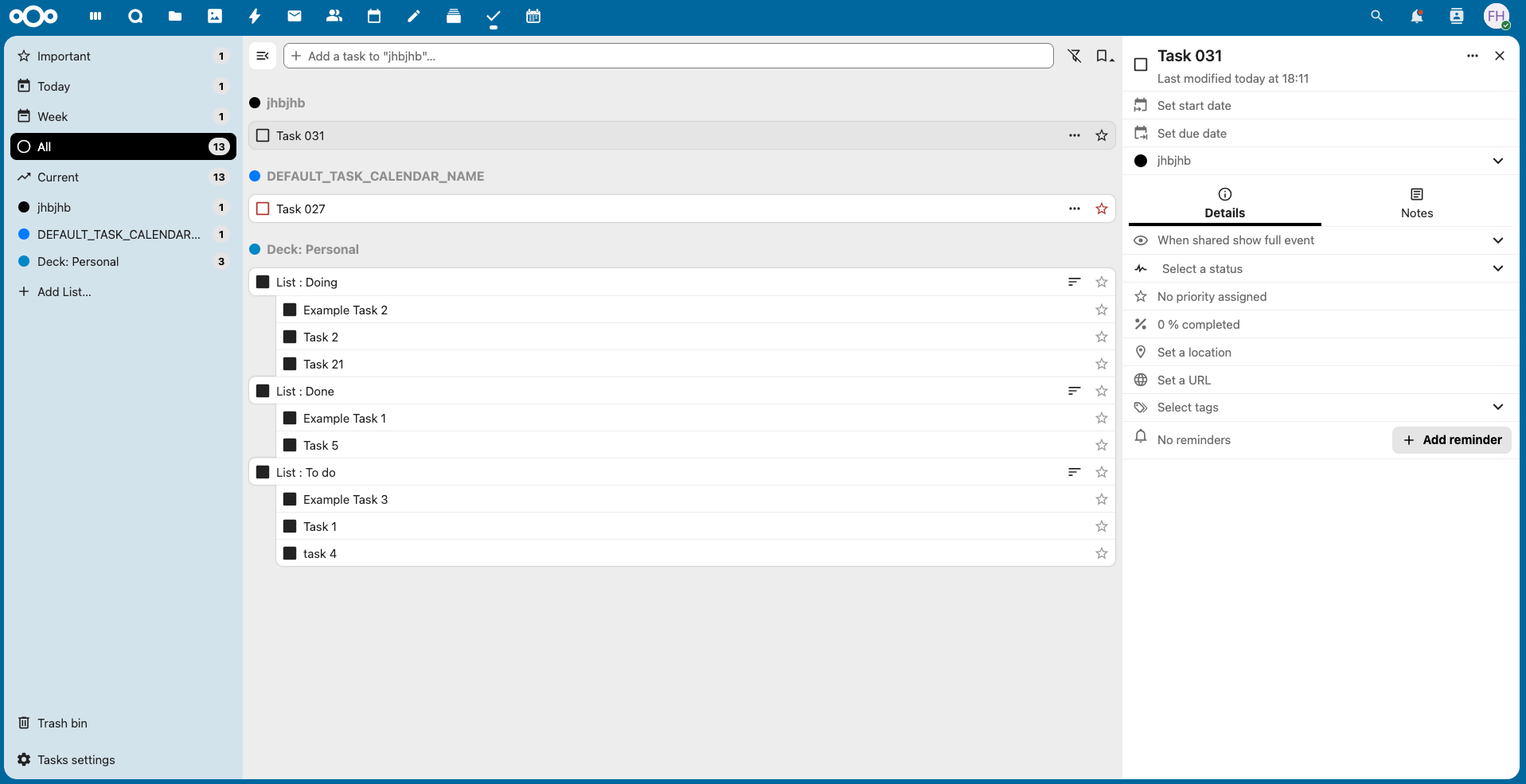 Nextcloud Tasks app showing task lists and task status overview