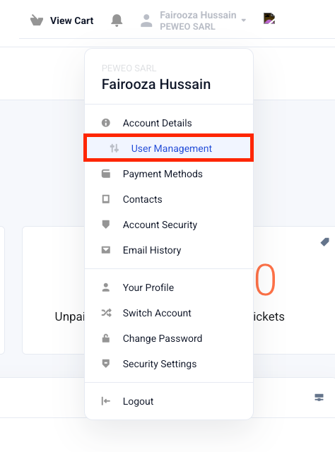 CloudBased Backup dashboard profile menu with user management option