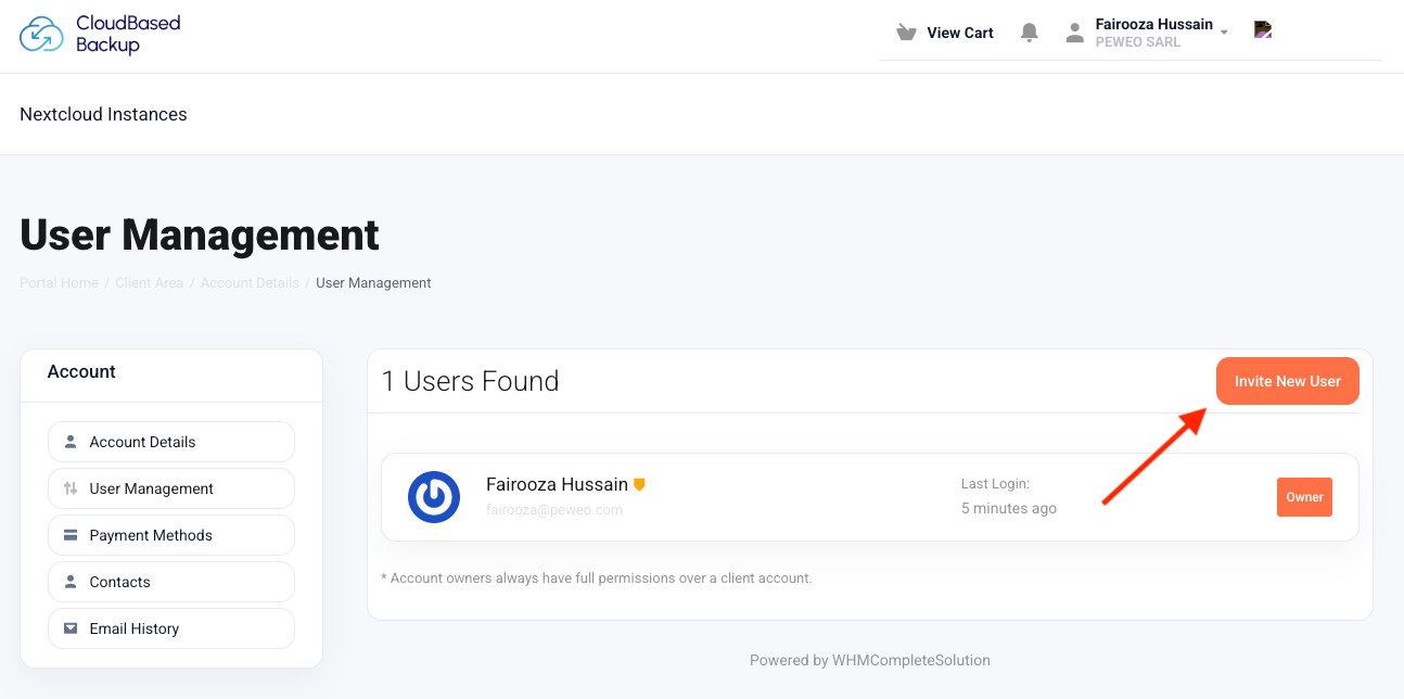 User management screen in CloudBased Backup showing existing users and Invite new user button
