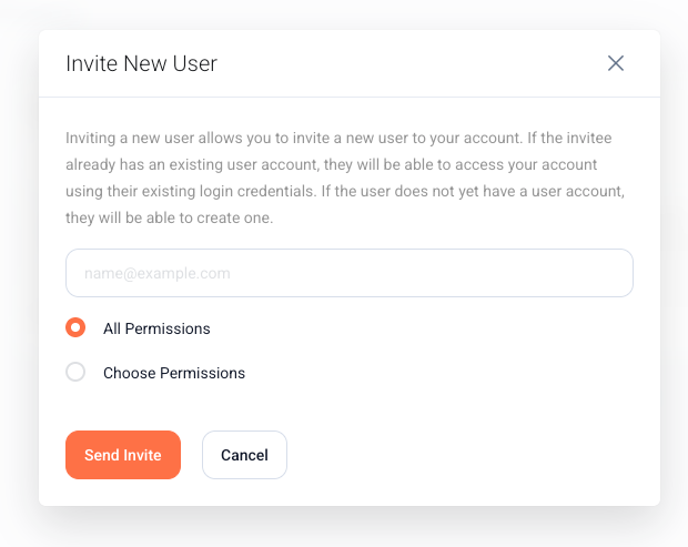 Invite new user popup in CloudBased Backup with email and permission options