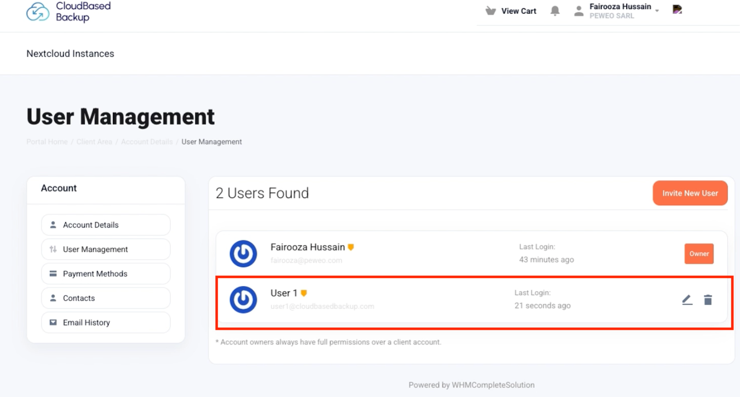 User list in CloudBased Backup showing newly added user