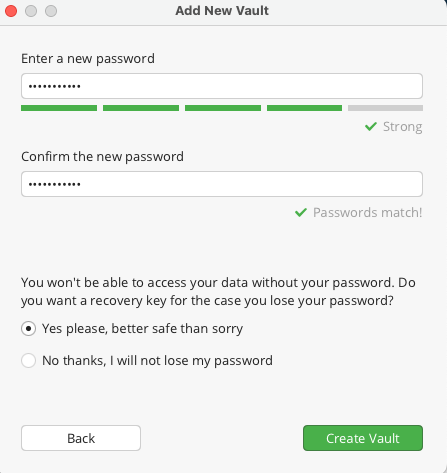 Cryptomator vault password and recovery key setup during Nextcloud encryption