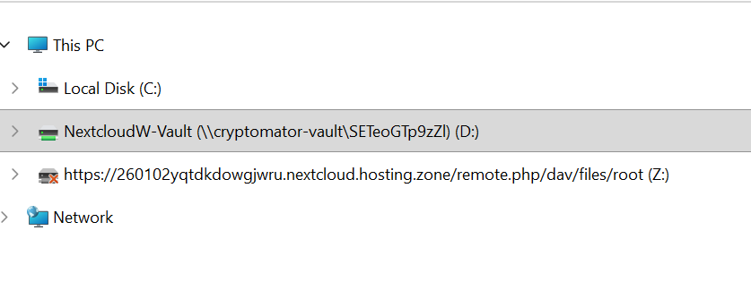 Cryptomator vault mounted as a drive letter in Windows File Explorer