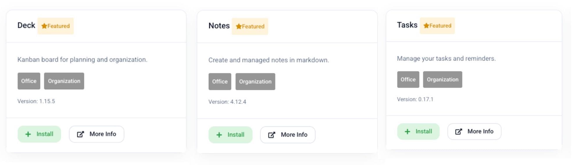 Nextcloud apps management screen showing Deck, Notes, and Tasks available for installation