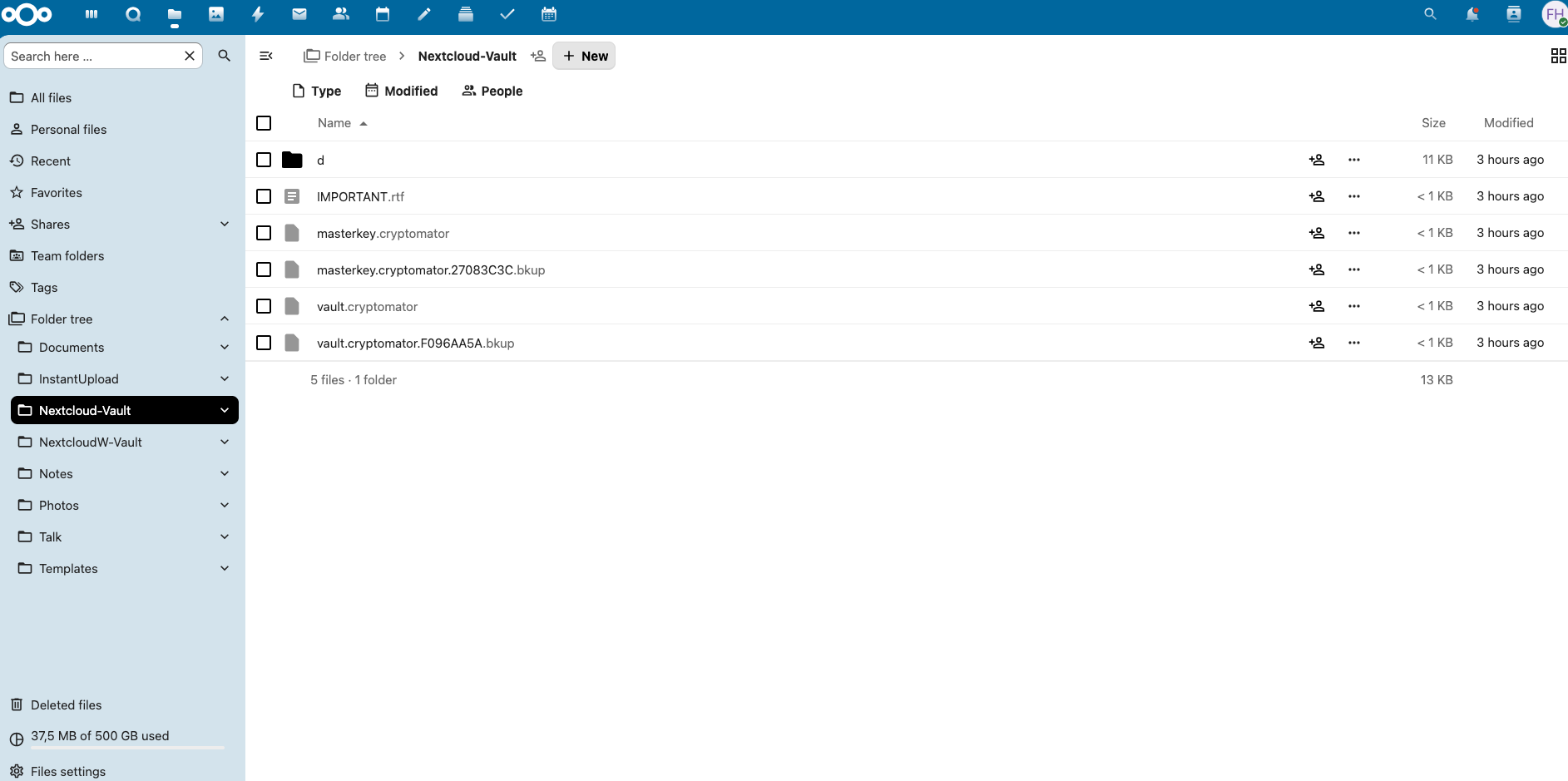 Encrypted Cryptomator vault files shown in the Nextcloud web interface