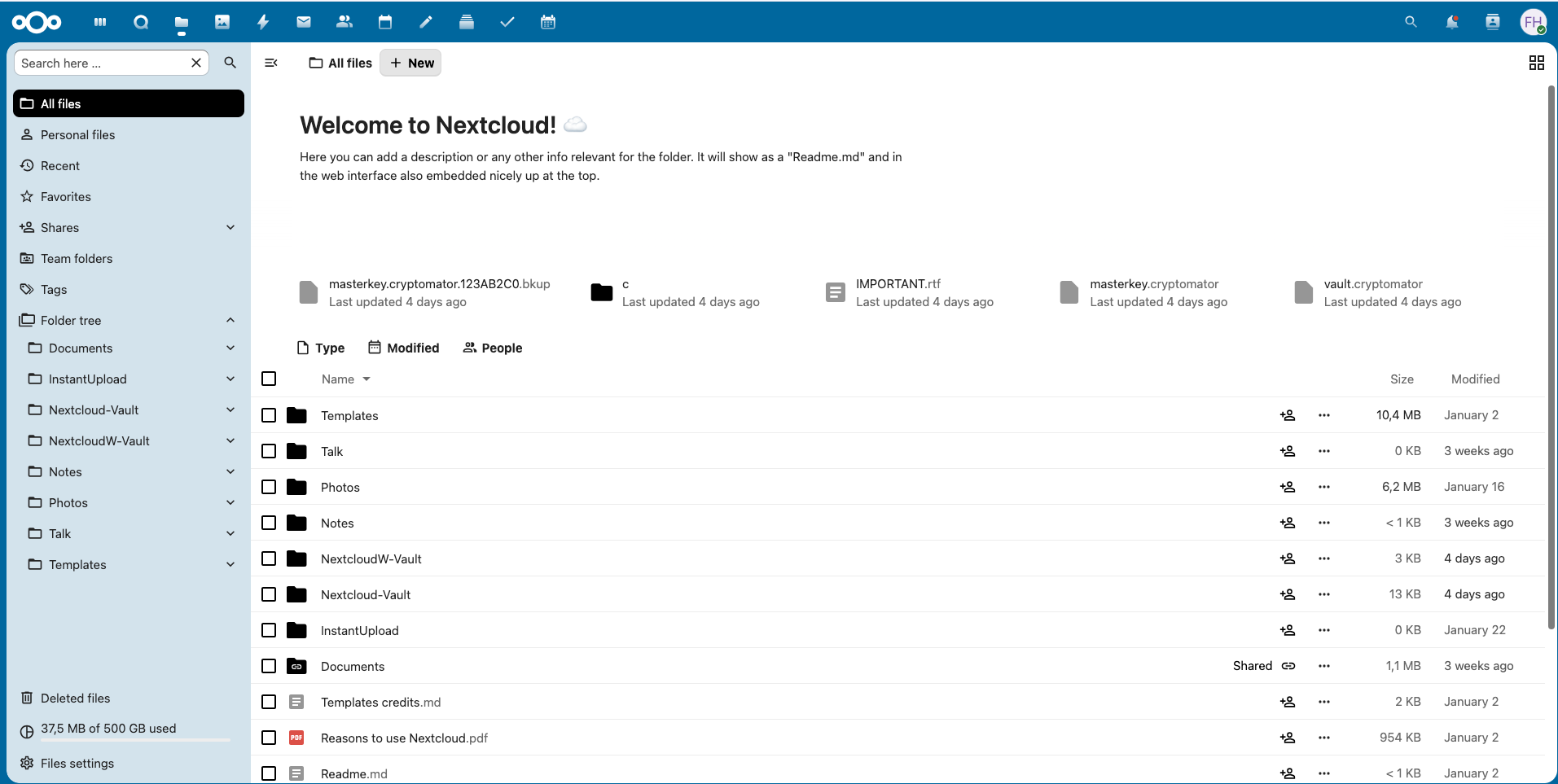 Nextcloud files view showing file sync across devices