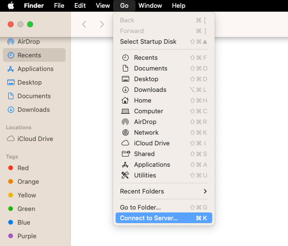 Connect to Server option in macOS Finder menu