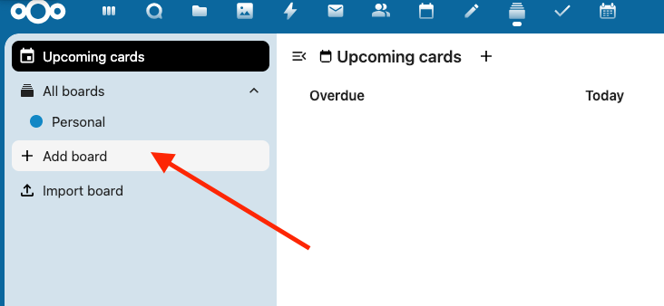Add new board option in Nextcloud Deck sidebar