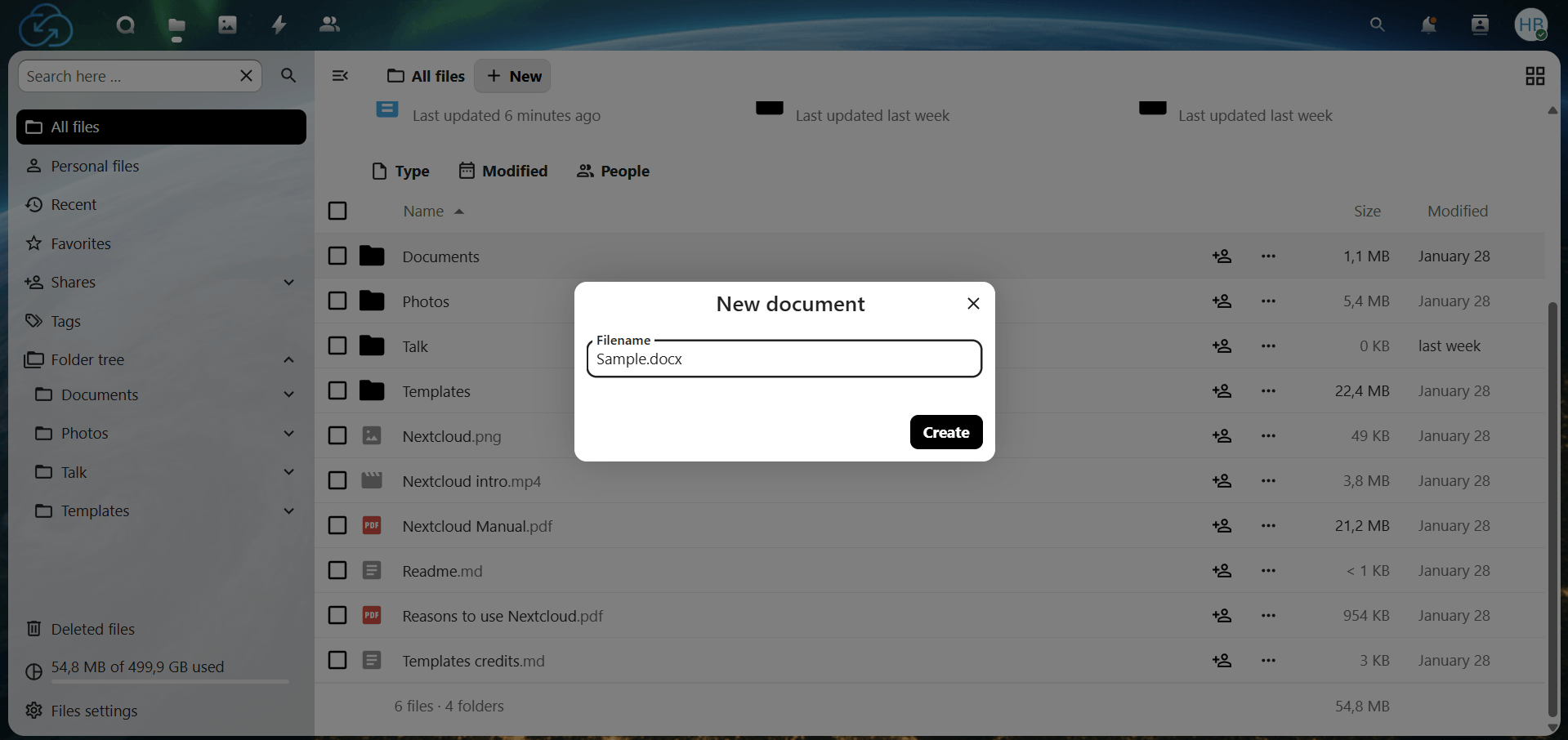 Enter a file name, and Nextcloud will create the document in the current folder