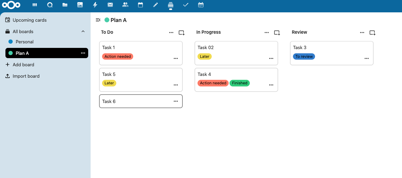 Kanban board view in Nextcloud Deck with tasks across columns