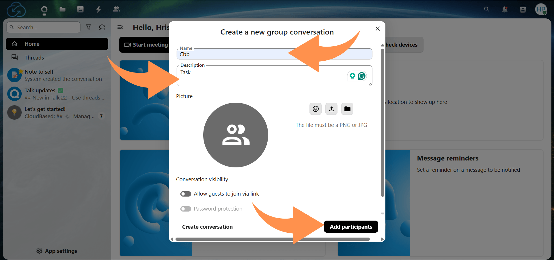 New conversation screen