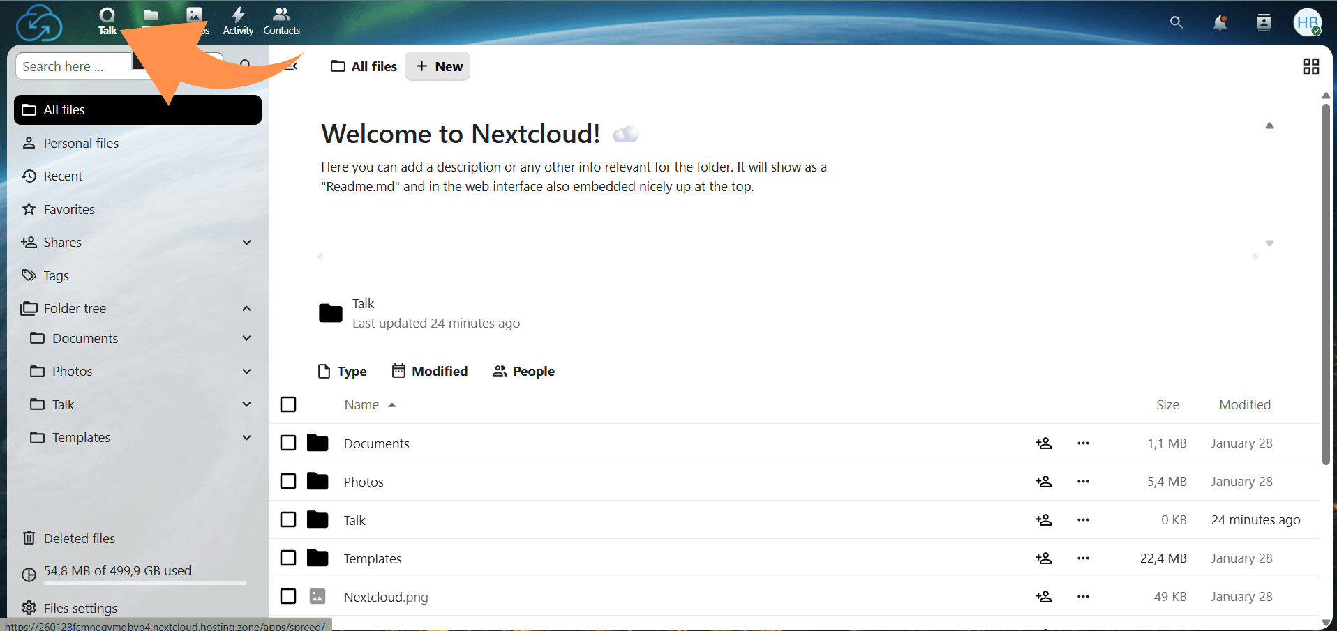 Open the Talk app from the top navigation