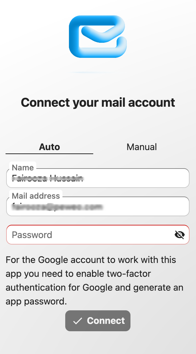 Connect Gmail to Nextcloud MailGmail account connection warning inside Nextcloud Mail requiring Google App Password and two-factor authentication