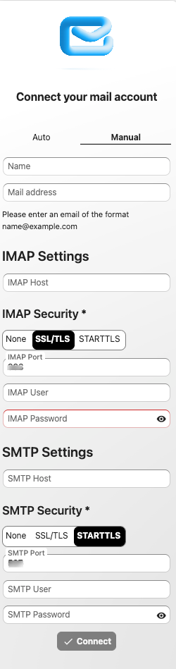 Manual IMAP and SMTP email configuration screen in Nextcloud Mail