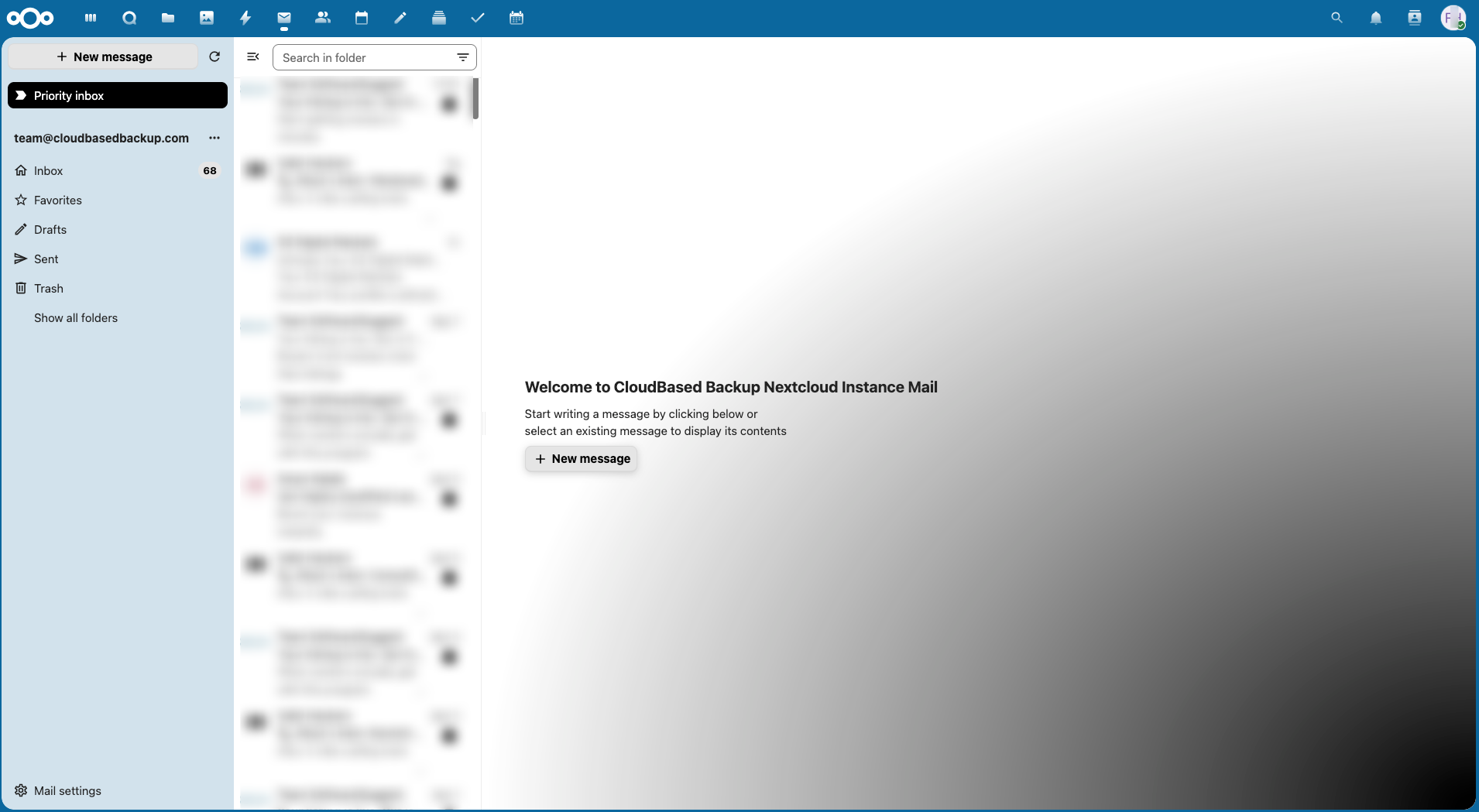 Nextcloud Mail inbox interface after connecting an email account