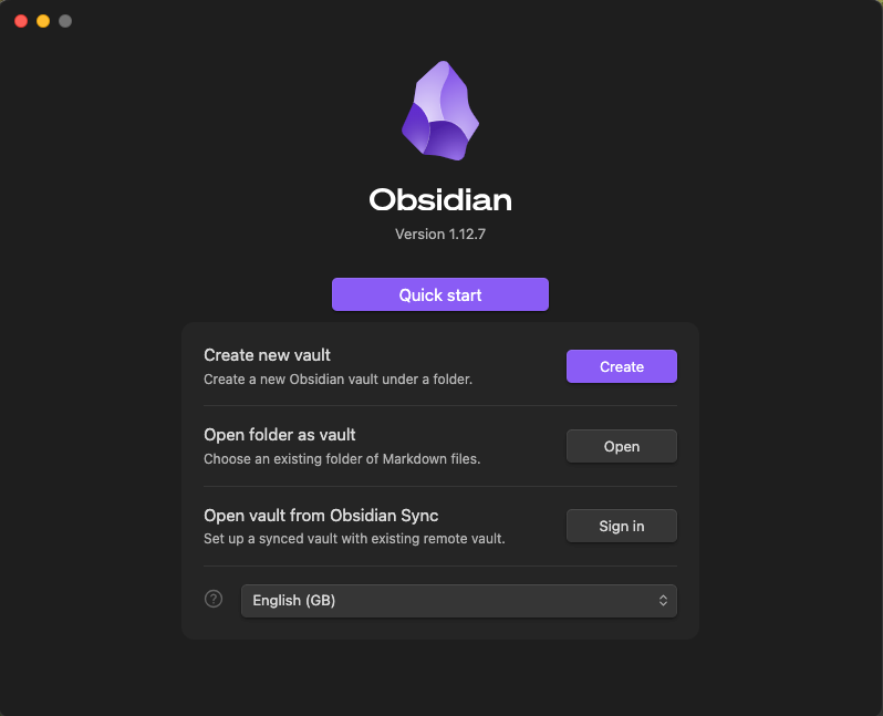 welcome screen of obsidian