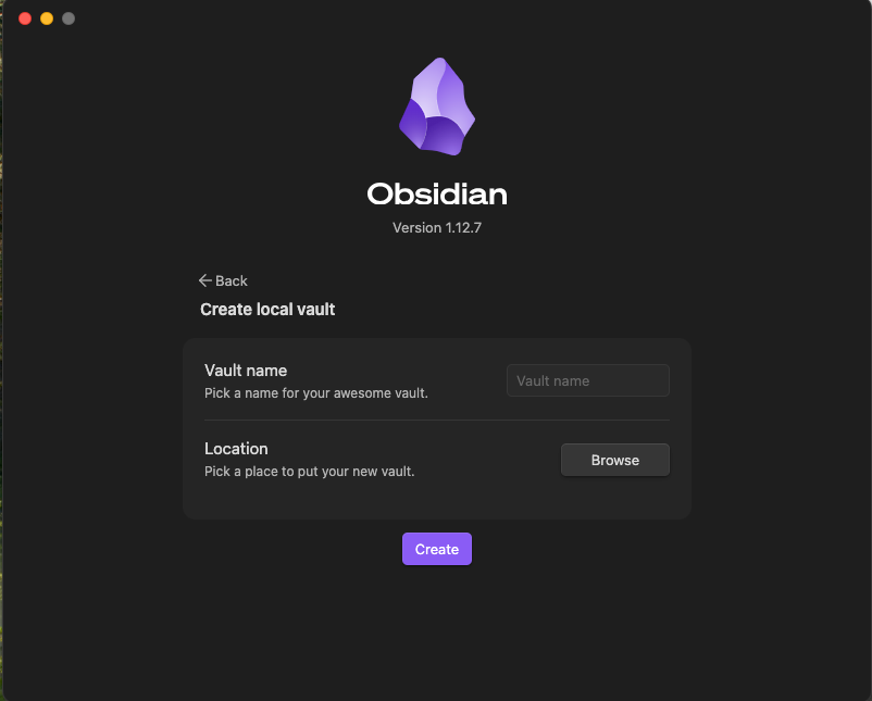 Creating a new Obsidian vault inside the local Nextcloud folder.