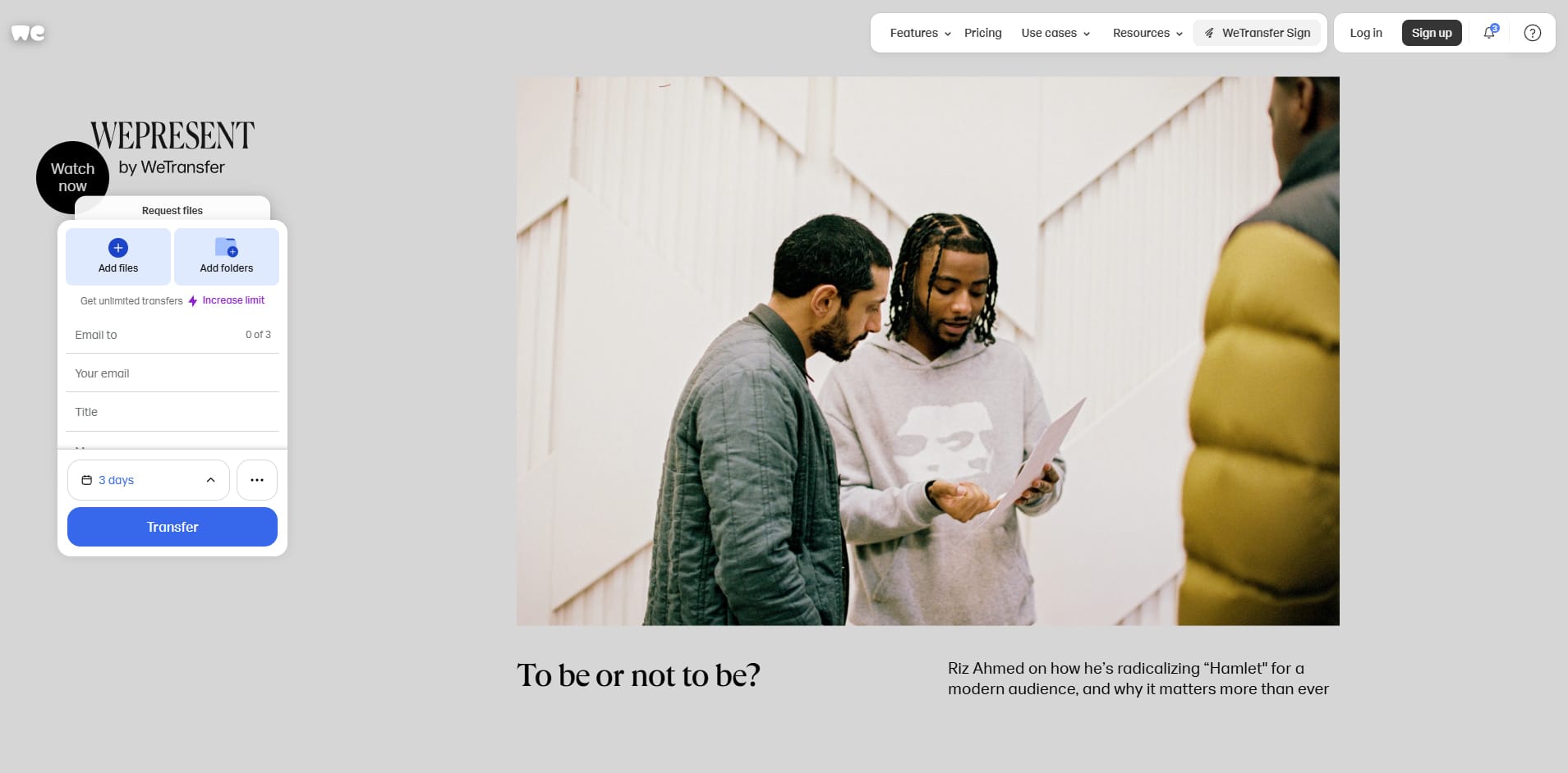 WeTransfer is a file transfer service designed for sending large files quickly
