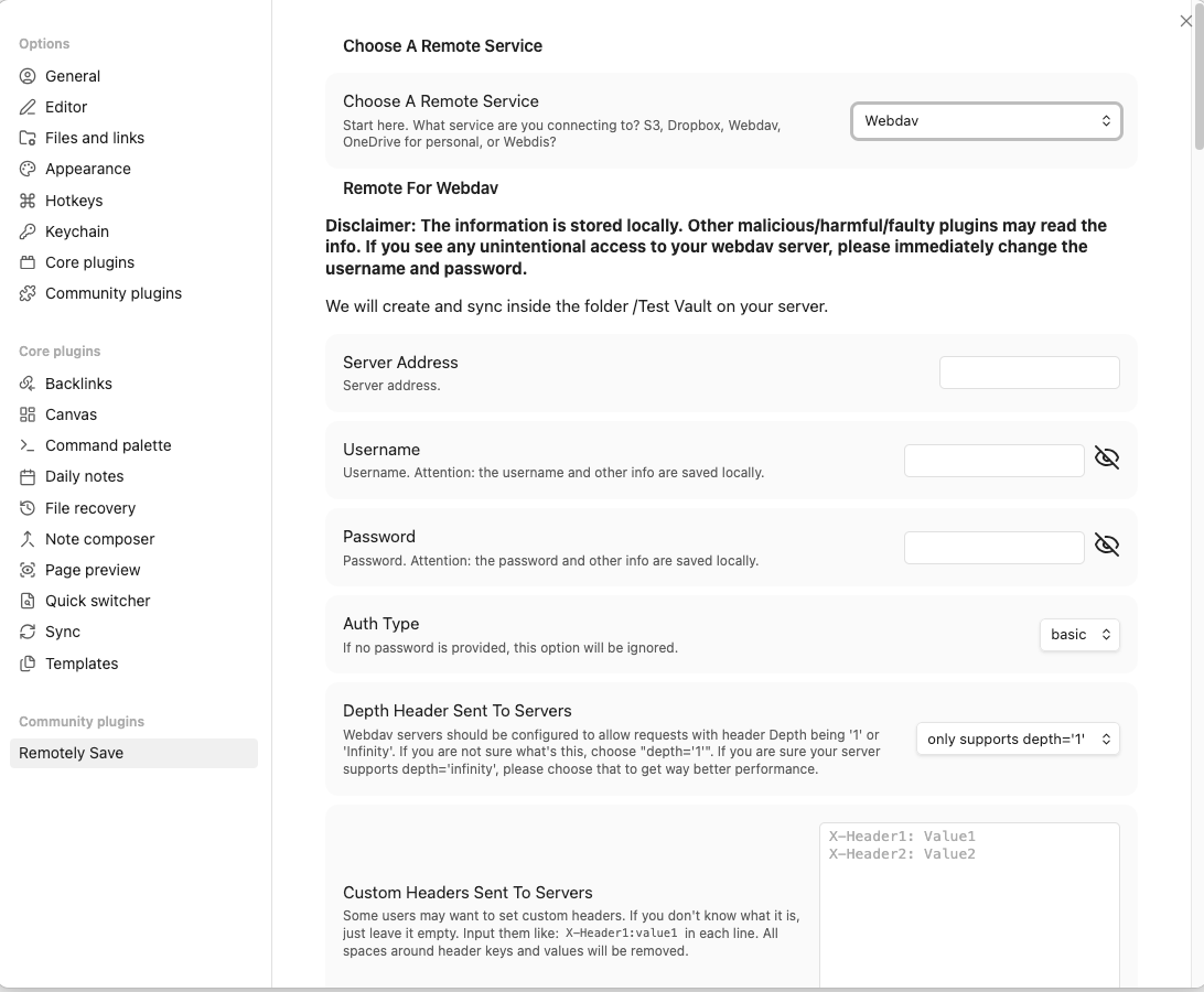 Remotely Save settings showing WebDAV selected