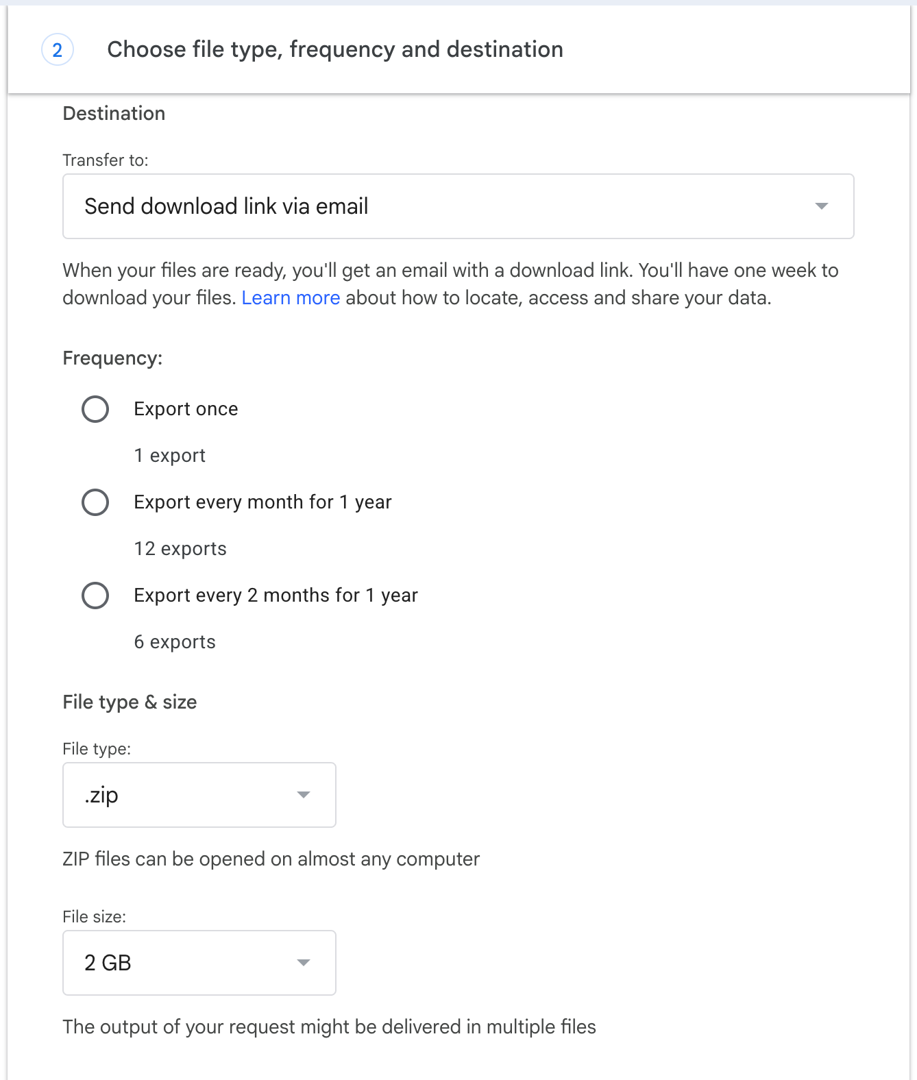 Choose Send download link via email in google takeout