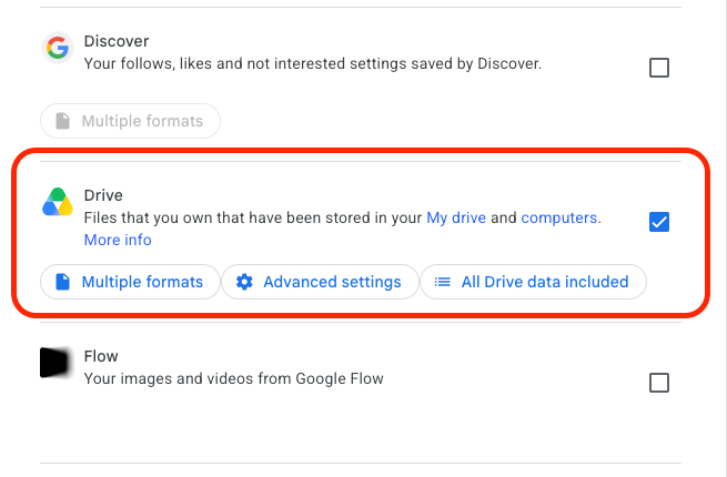selecting google drive from google takeout