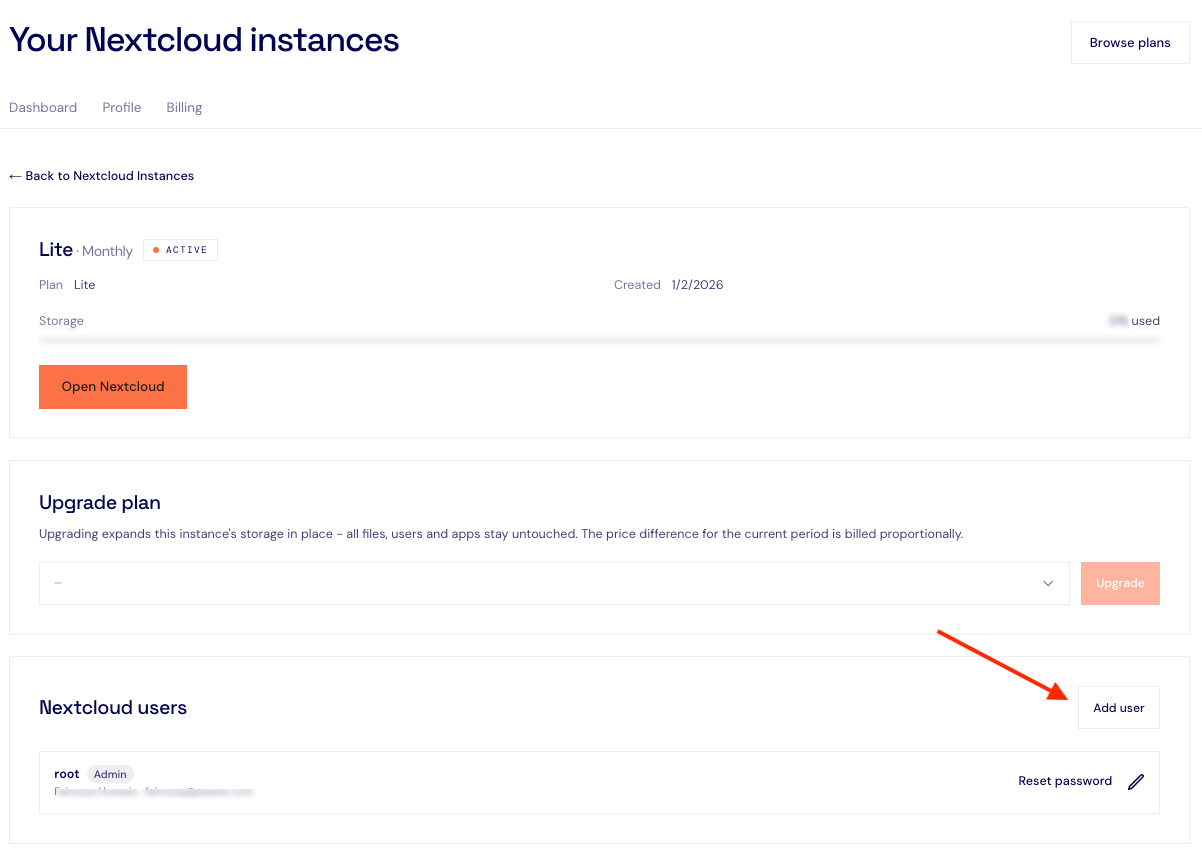 Nextcloud instance management page showing storage details and Nextcloud users section