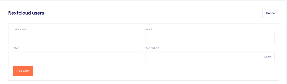 CloudBased Backup Add user form with username, name, email, and password fields