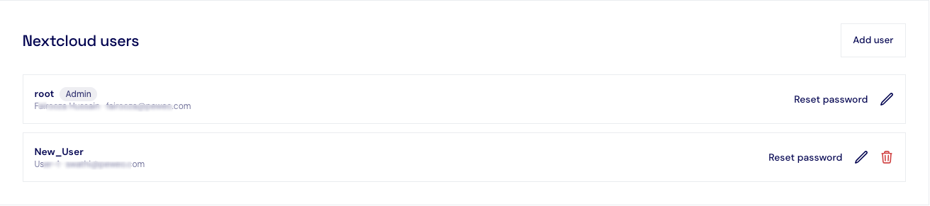 Nextcloud users list showing an added user with edit, reset password, and delete options