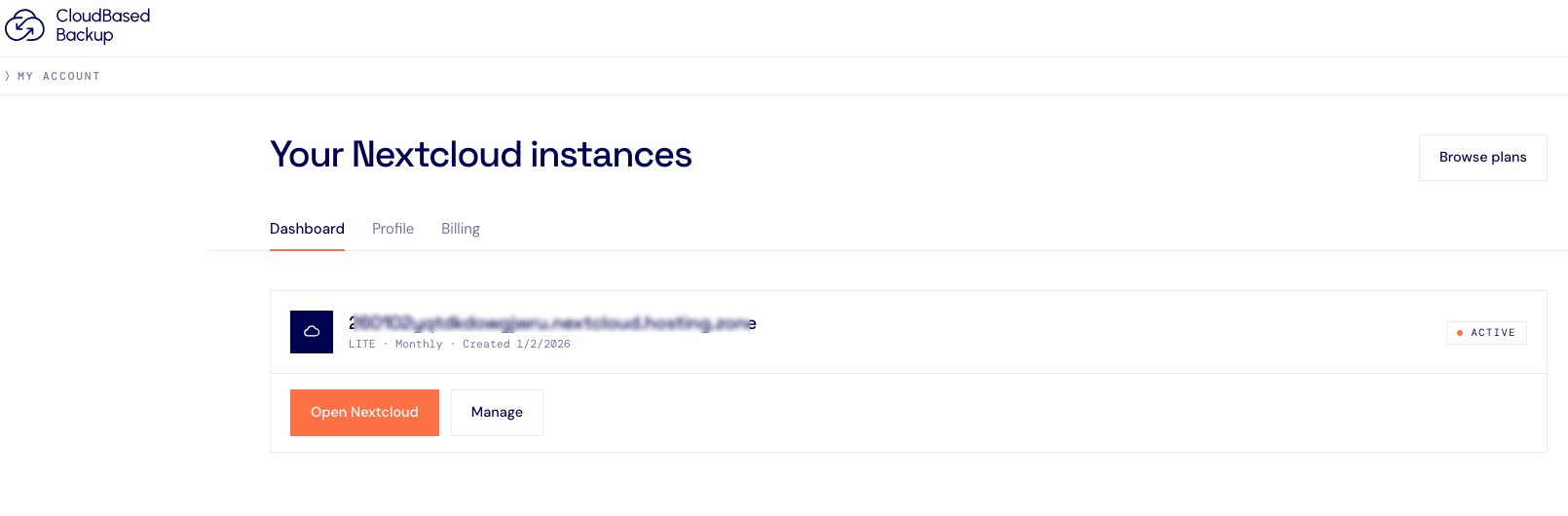 CloudBased Backup dashboard showing an active Nextcloud instance and Manage button