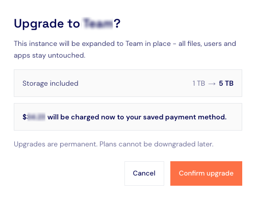 CloudBased Backup upgrade confirmation popup showing the new plan, storage, and amount due